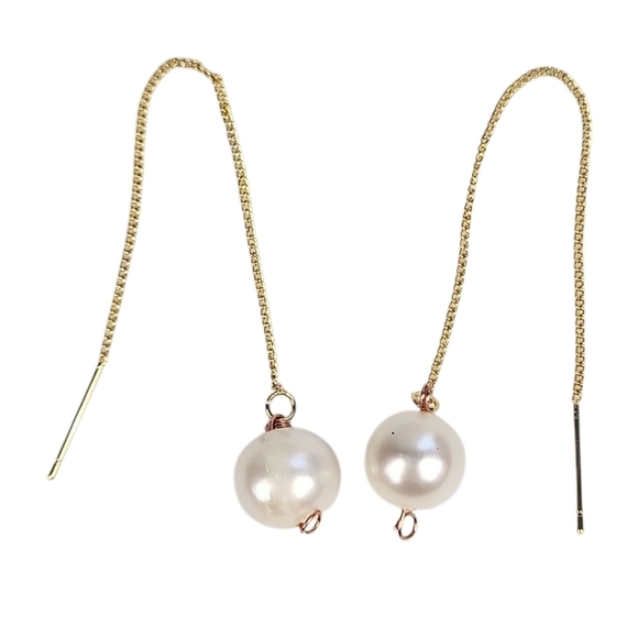 Hand Crafted Gold White Pearl Threader Earrings - Picture 3 of 3